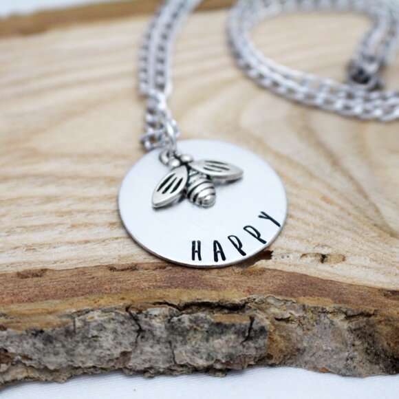 Bee Happy - Hand Stamped Pendant Necklace - Handmade & Hypoallergenic - Picture 6 of 6